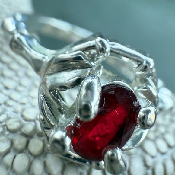 Silver Tone Ring with Bright Red Center Stone & Unique Textured Band - Picture 12 of 16